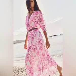 ZARA Pink and White Ruffle Midi Long-sleeved Dress Size XS NWT